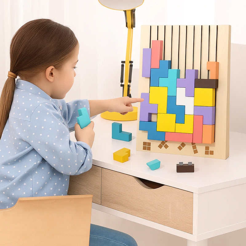 Jogo de blocos e formas de madeira Montessori