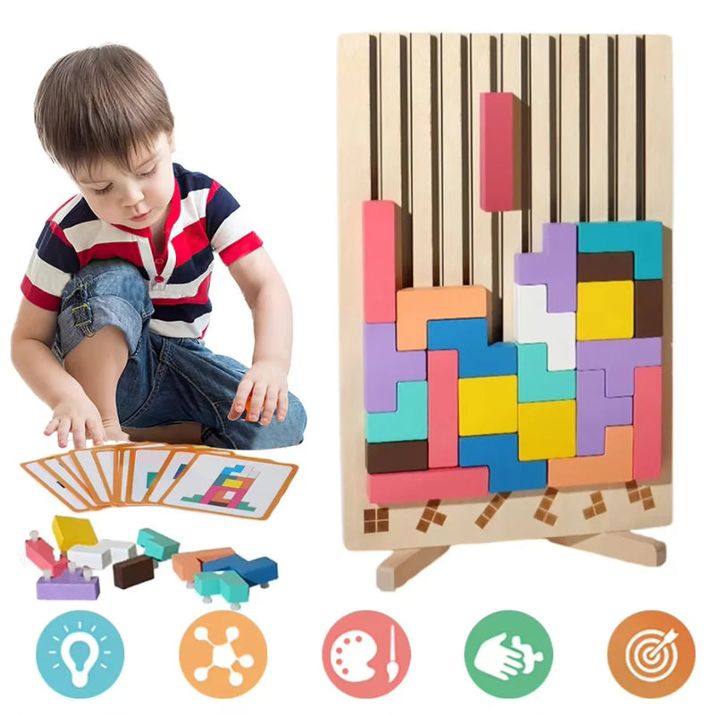 Jogo de blocos e formas de madeira Montessori
